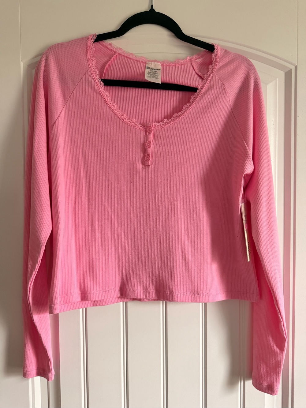 No Boundaries Pink Ribbed Long Sleeve Crop Top with Lace Trim
